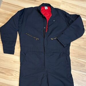 Navy Blue Boilersuit Work Jumpsuit with Red Quilted Lining Large